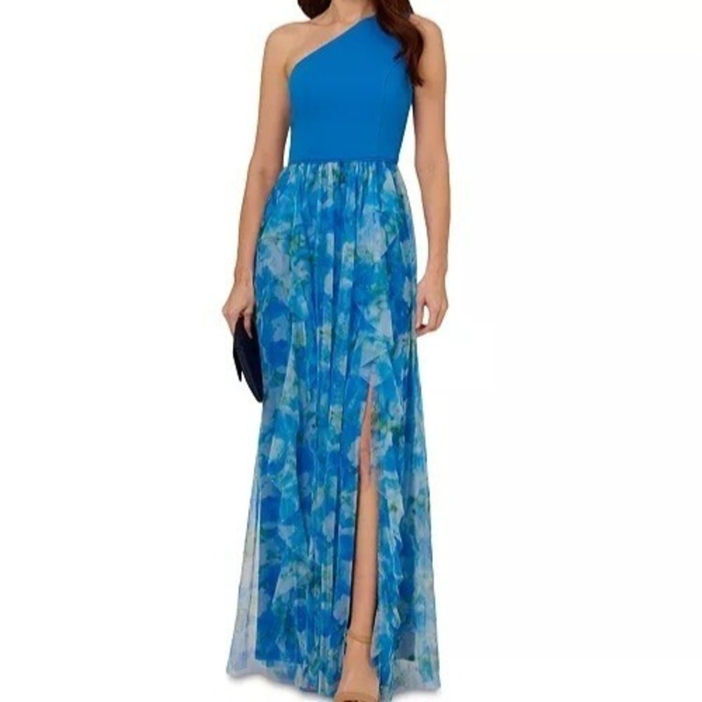 Adrianna Papell Sweetpea Mixed Media Blue Asymmetrical Gown Womens Size 12